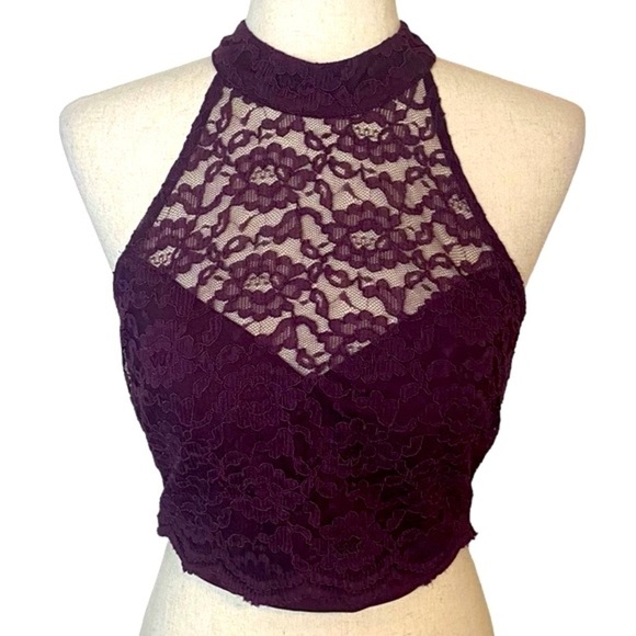 Jodi Kristopher lace halter peek a boo crop top burgundy/plum size 7 - Picture 9 of 10